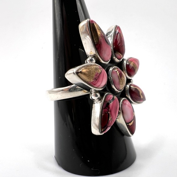 Sterling Silver 925 Red Rose Dahlia Turquoise Flower Statement Ring Size 10 - Picture 3 of 9